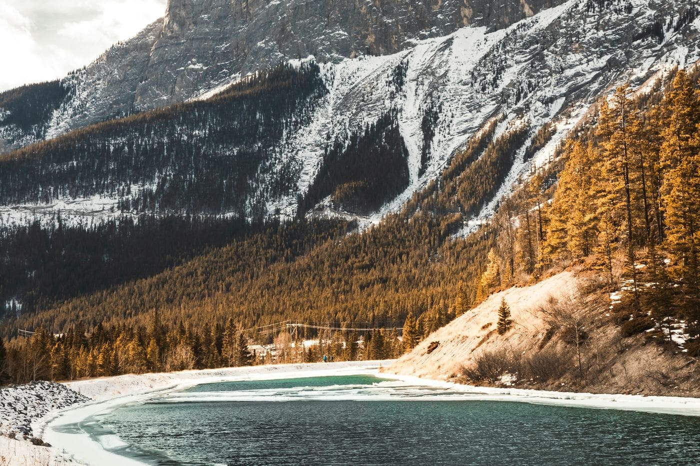Partly frozen turquoise water below snowy slopes, golden larches and a rocky mountain near Banff