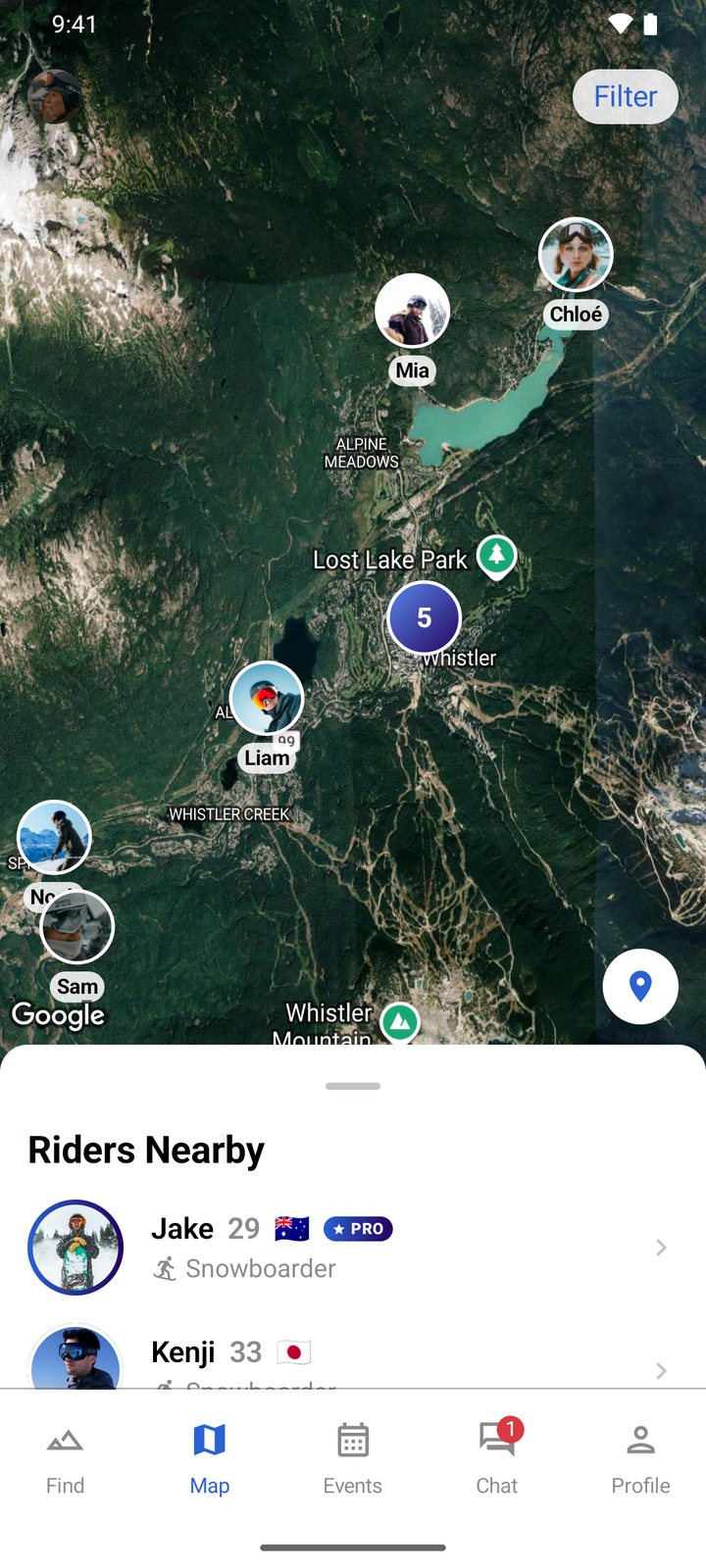 Riders on the map screen in the Broski Android app