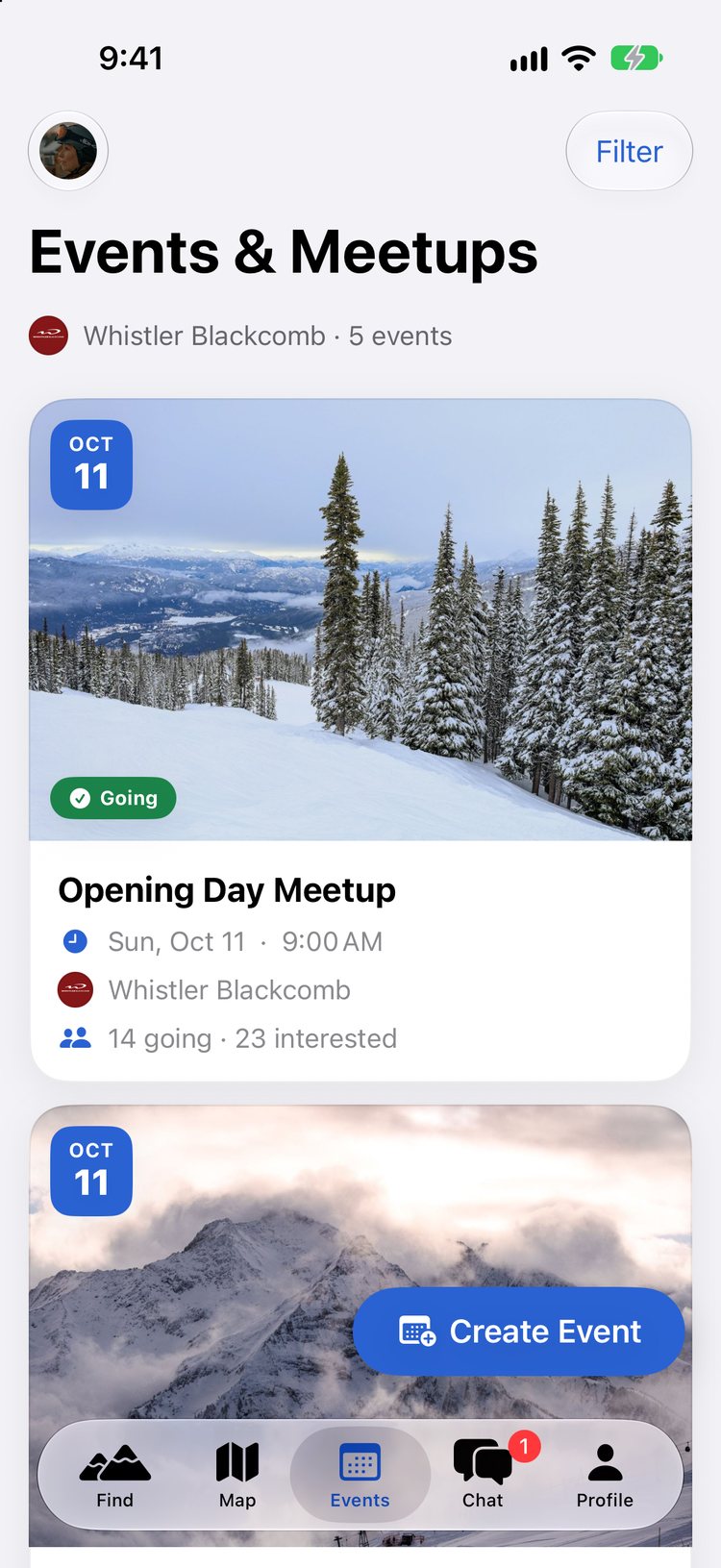 Events & meetups screen in the Broski iPhone app