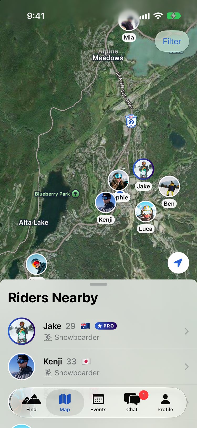 Riders on the map screen in the Broski iPhone app