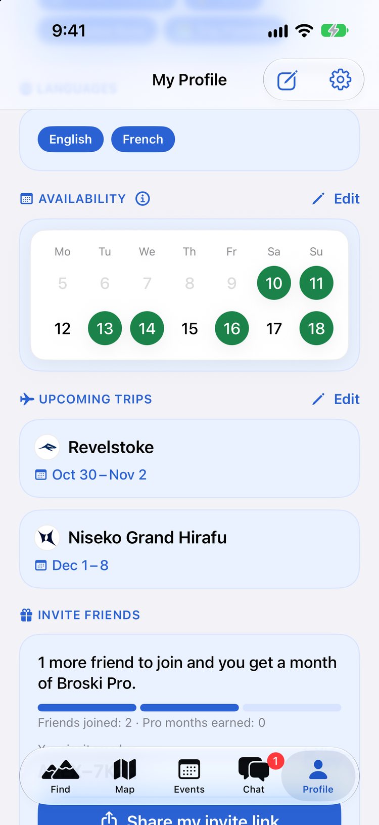 Availability & trips screen in the Broski iPhone app