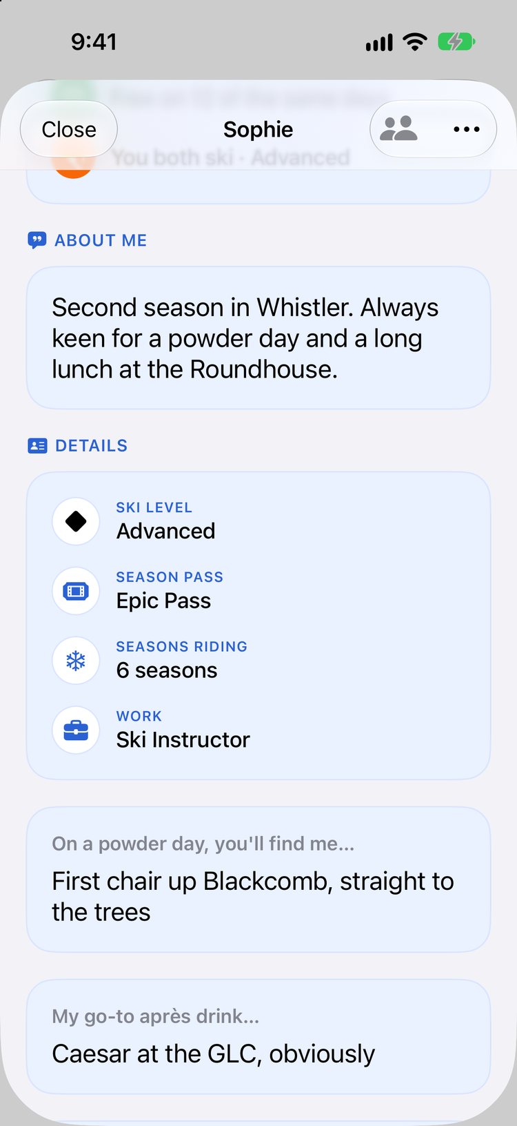 Profiles with prompts screen in the Broski iPhone app