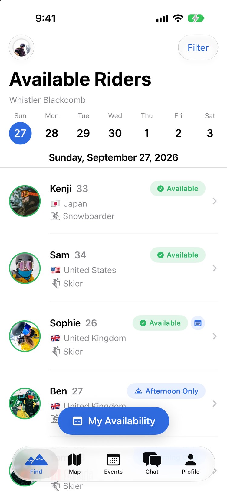 The Broski app showing riders available at Whistler Blackcomb today