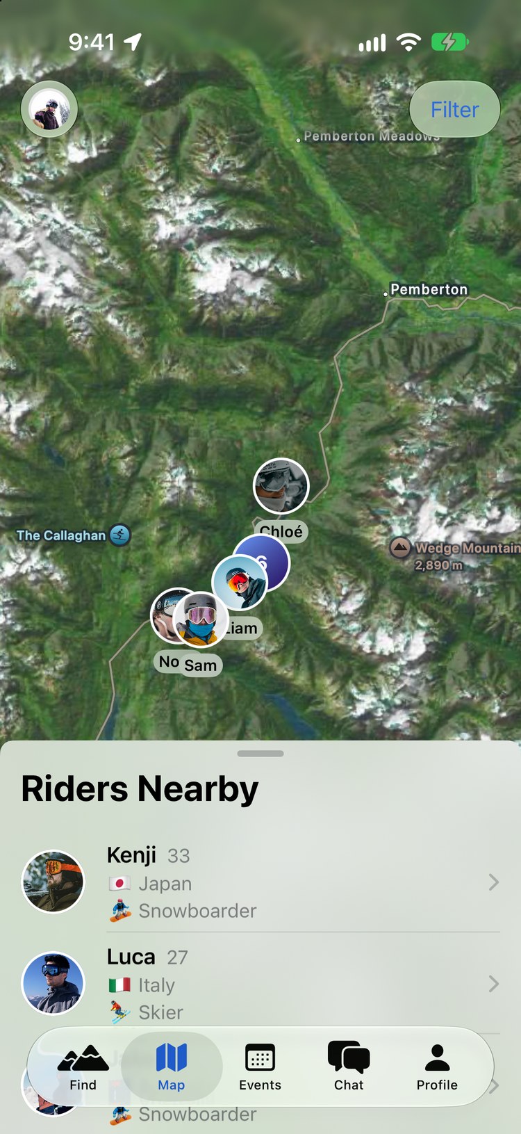 Riders on the map screen in the Broski app