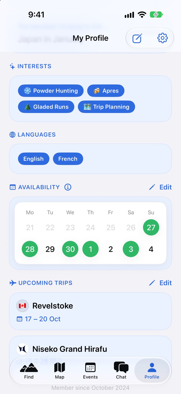 Availability & trips screen in the Broski app
